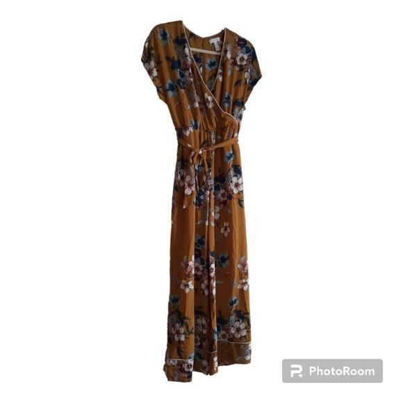 Leith Floral Wide Leg Jumpsuit Surplice Pockets Lined Belted Elastic Waist - Picture 1 of 5